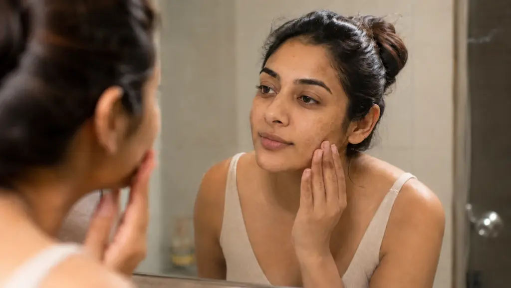 Woman examining dark spots on face in mirror, natural light, skincare concern