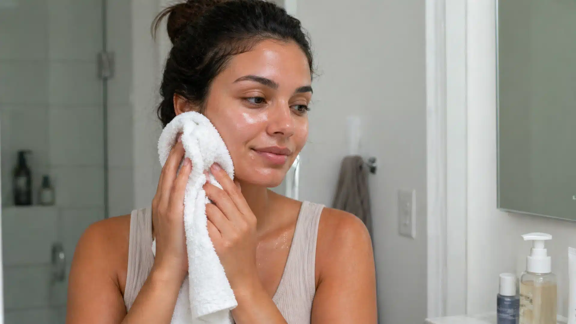 Woman gently patting face dry with soft towel after washing, natural skin texture visible, clean bathroom setting, simple skincare routine