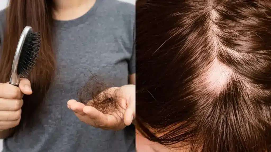 Woman holding hairbrush with fallen hair and visible thinning scalp showing hair shedding and hair loss signs