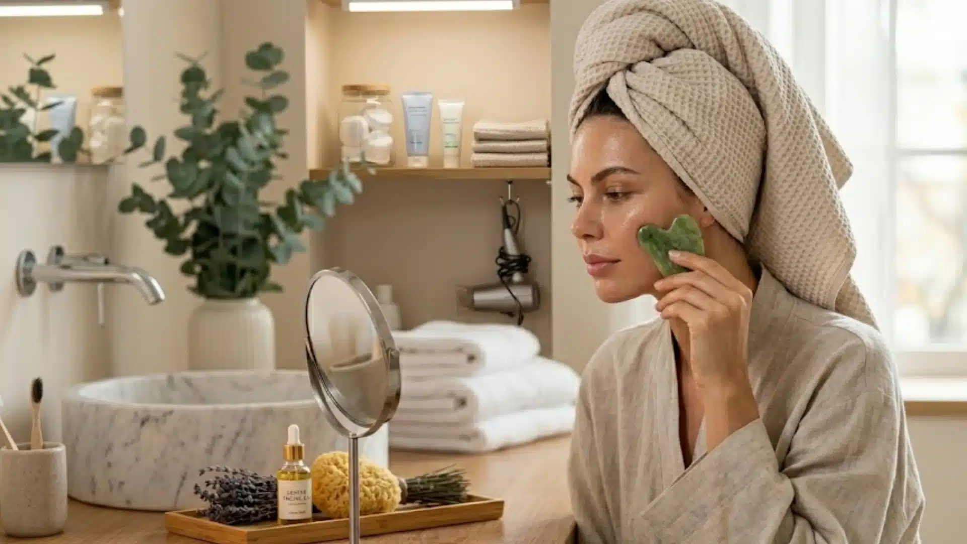 Woman in a waffle-knit towel turban uses a jade gua sha on her cheek, viewed near a marble sink in a bright, modern bathroom