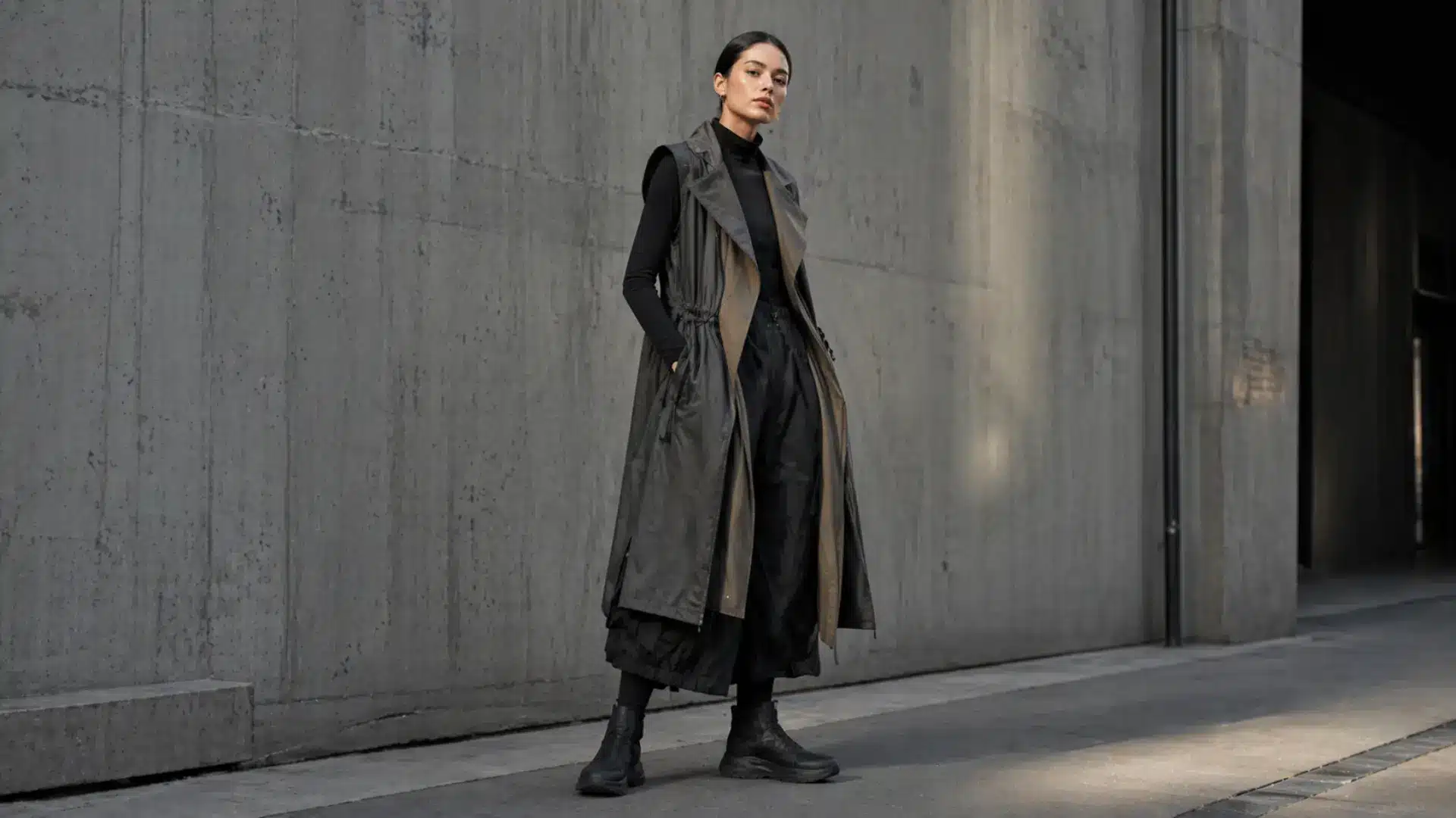Woman in dark layered streetwear outfit with long vest and boots, posing against concrete wall in urban setting