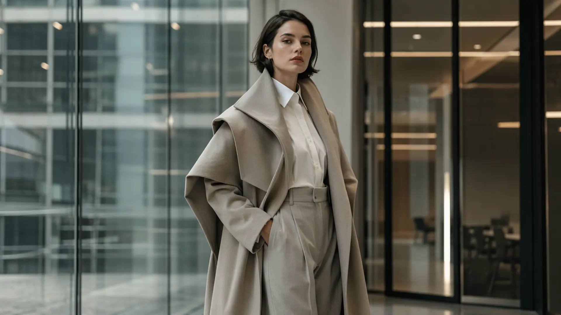 Woman in elegant neutral tailored outfit with structured coat and trousers, posing in modern office setting