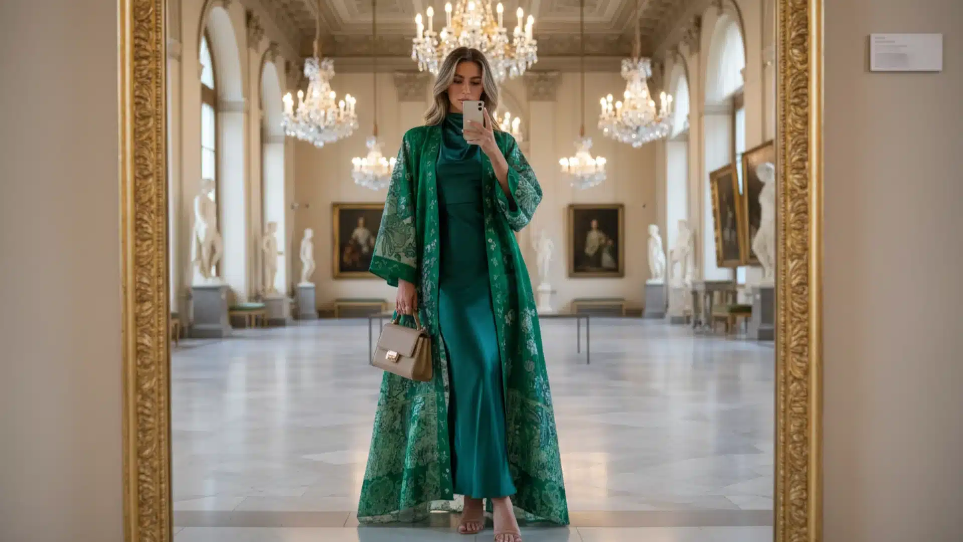Woman in emerald dress and matching kimono taking mirror selfie in elegant museum hall with chandeliers and statues