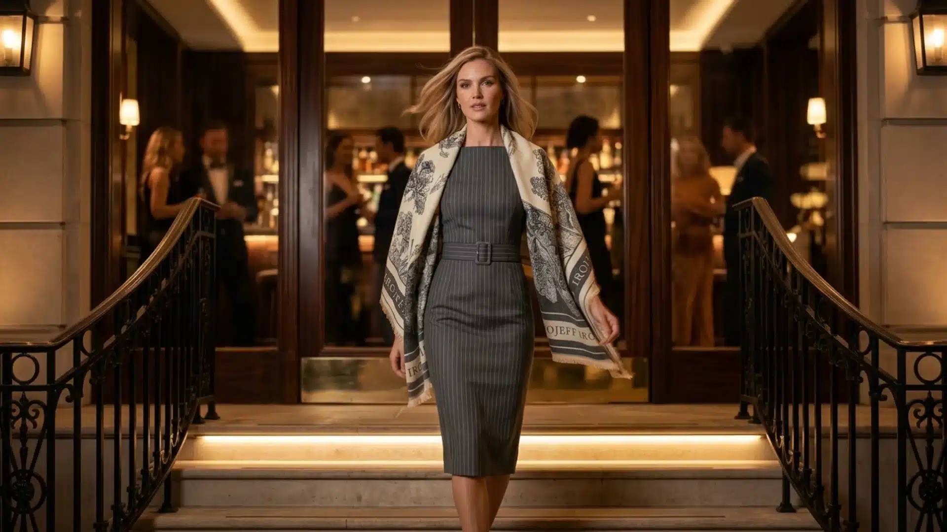 Woman in grey fitted dress with cashmere shawl walking down elegant restaurant stairs at night