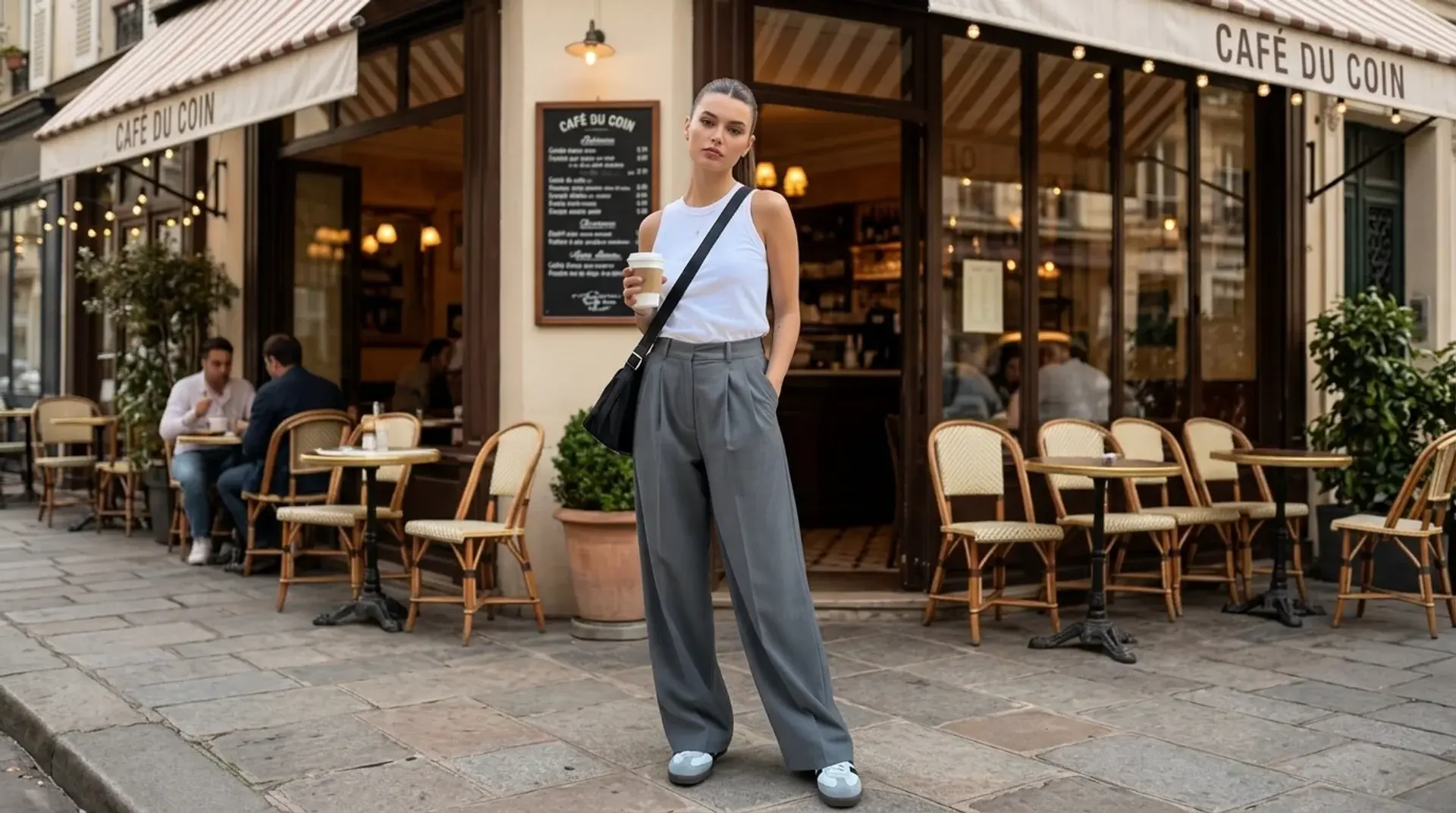 Woman in grey wide leg trousers and white top standing outside cafe with coffee in hand street style outfit