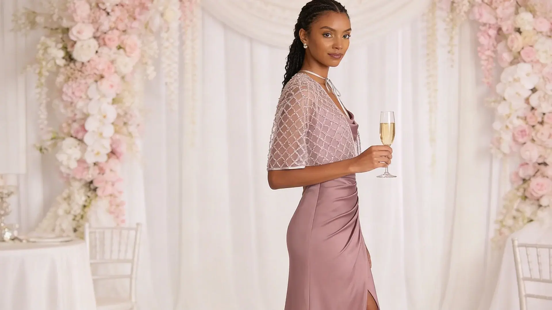 Woman in mauve dress with embellished capelet holding champagne in a soft, floral wedding-style indoor setting