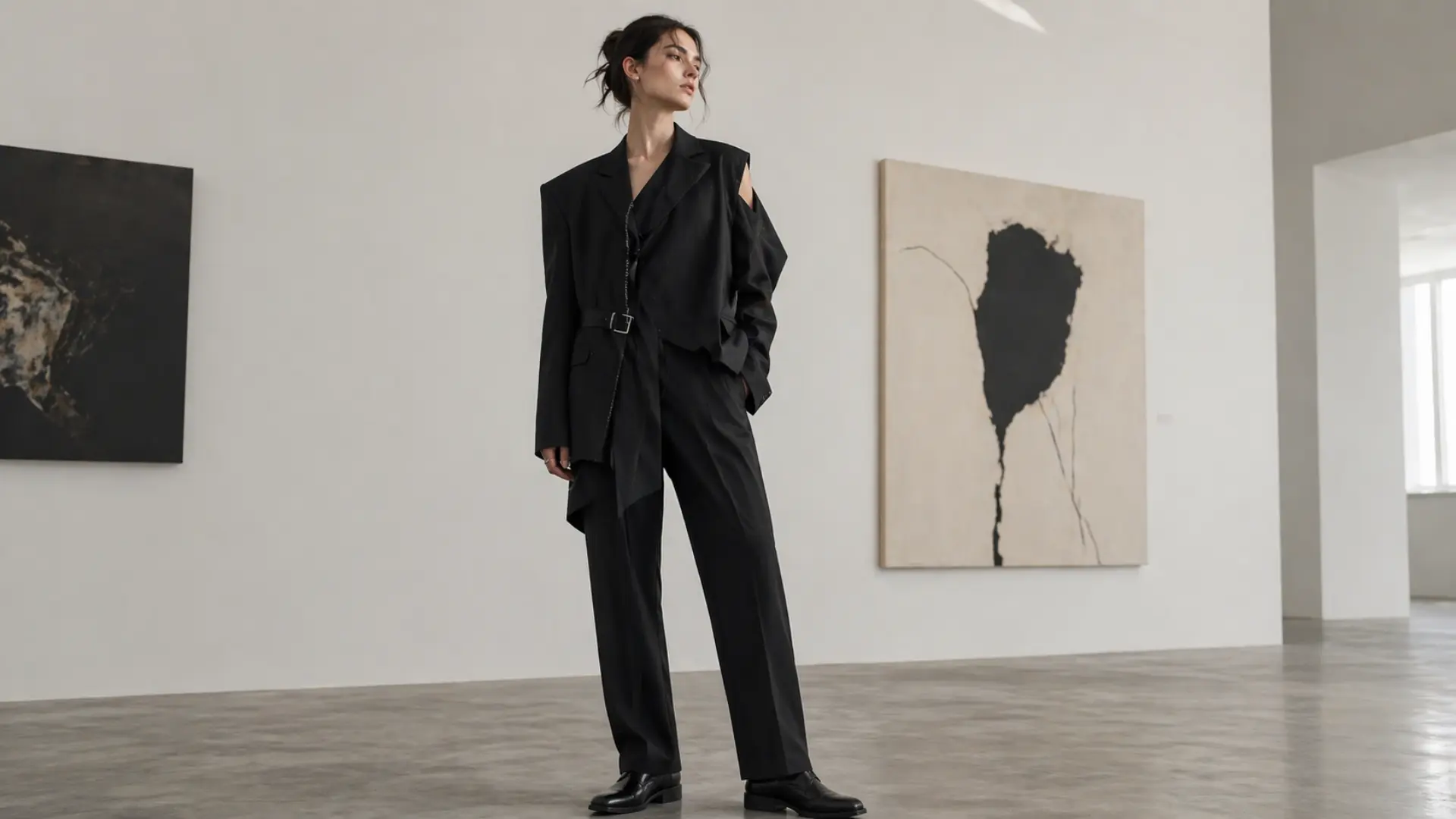 Woman in modern black tailored suit with relaxed fit, posing in minimalist gallery space with contemporary art backdrop