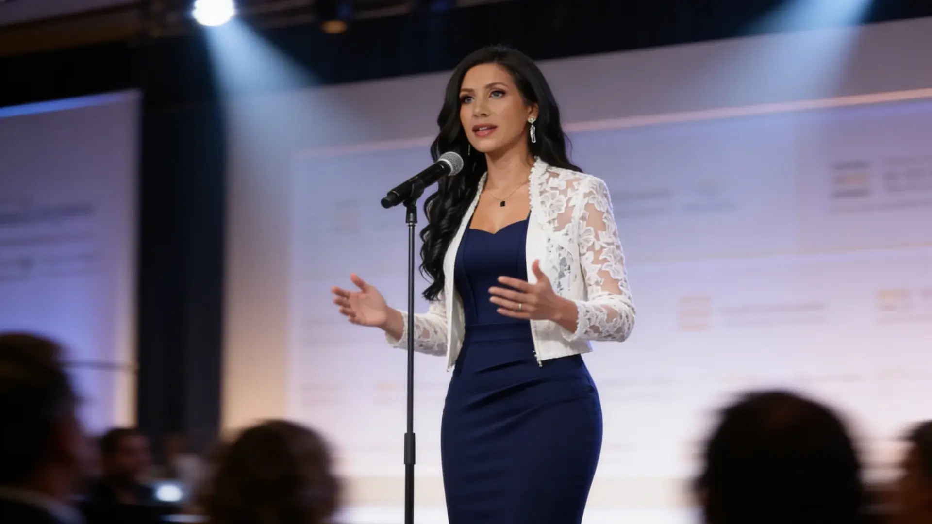 Woman in navy formal dress with white lace jacket speaking on stage at a formal event with microphone