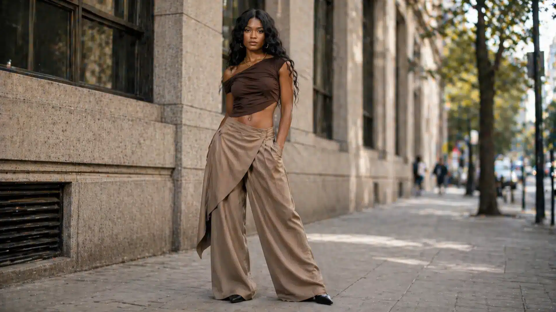 Woman in stylish brown crop top and wide leg pants posing on city street with confident fashion look