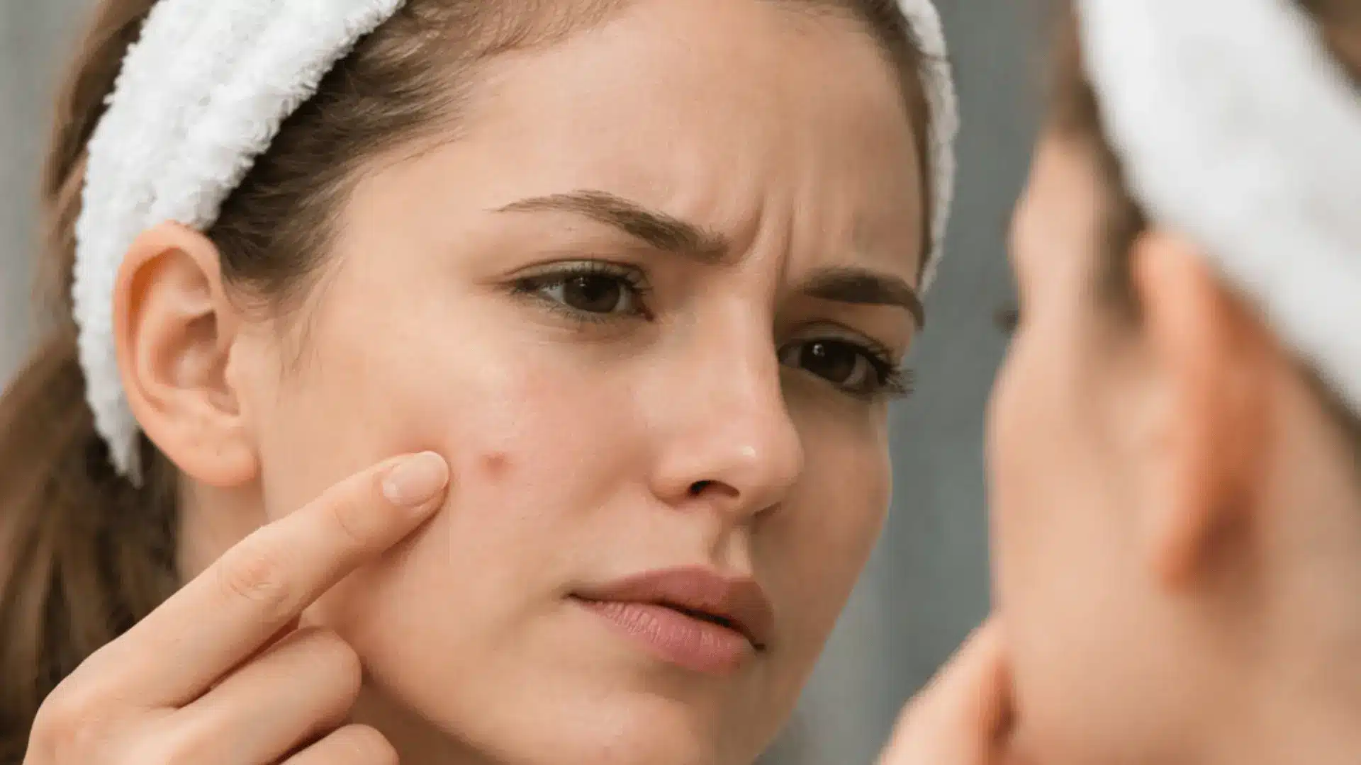 Woman looking in mirror touching small pimple bump on cheek without visible head