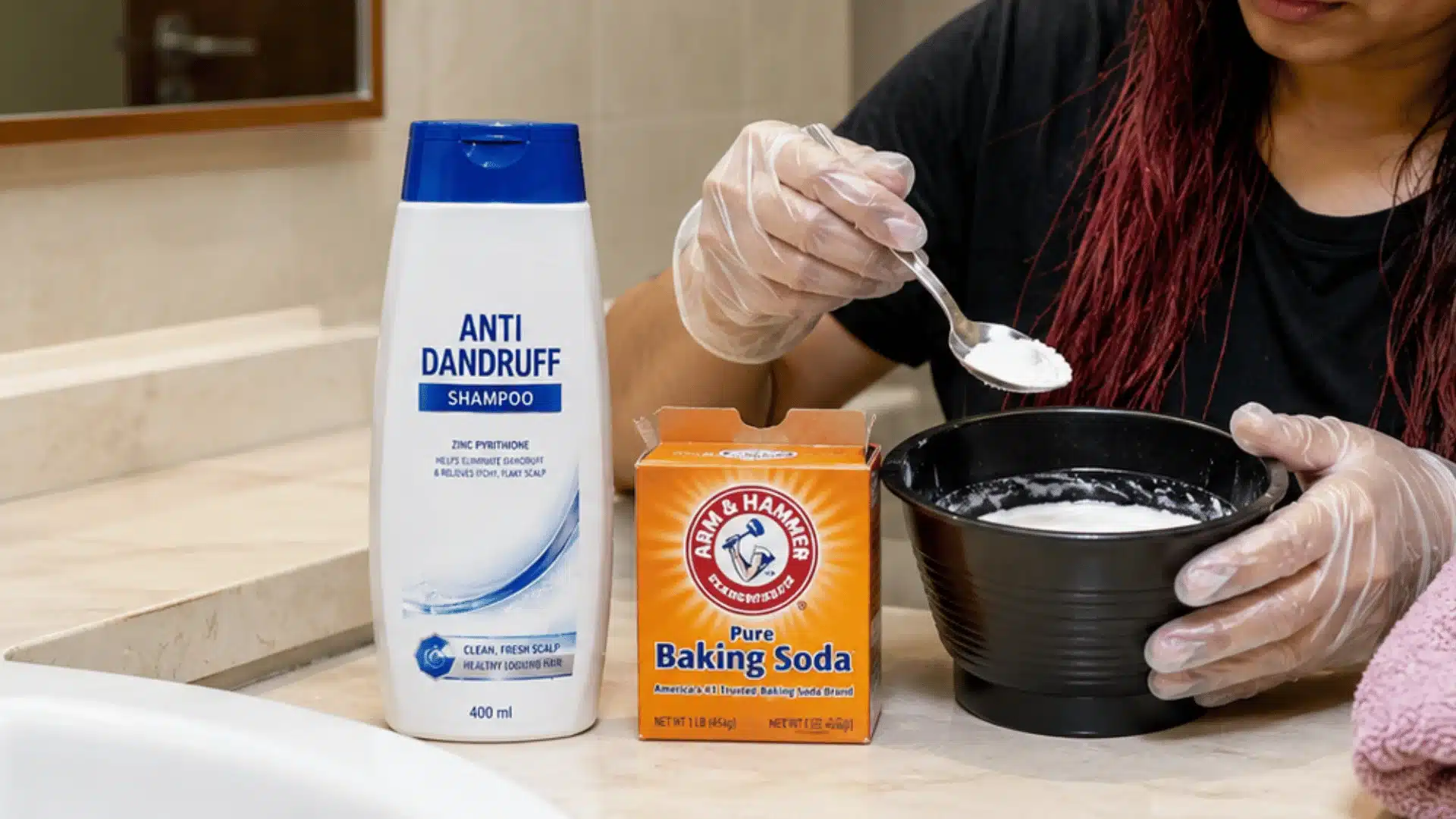 Woman mixing baking soda with shampoo to strip hair color