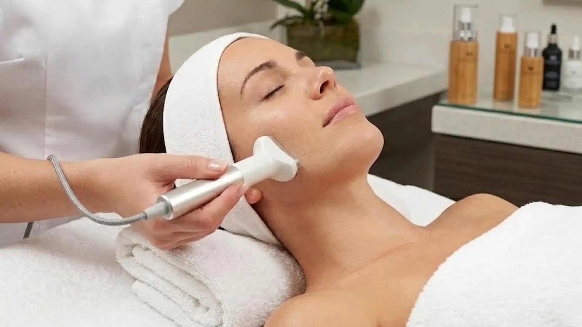 Woman receiving a professional facial treatment for dark spots and uneven skin tone at a skincare clinic