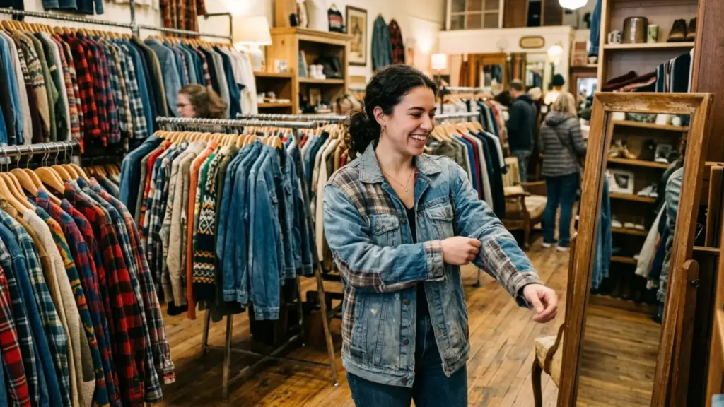 Woman trying on denim jacket in clothing store with racks of shirts and jackets showing thrift shopping experience