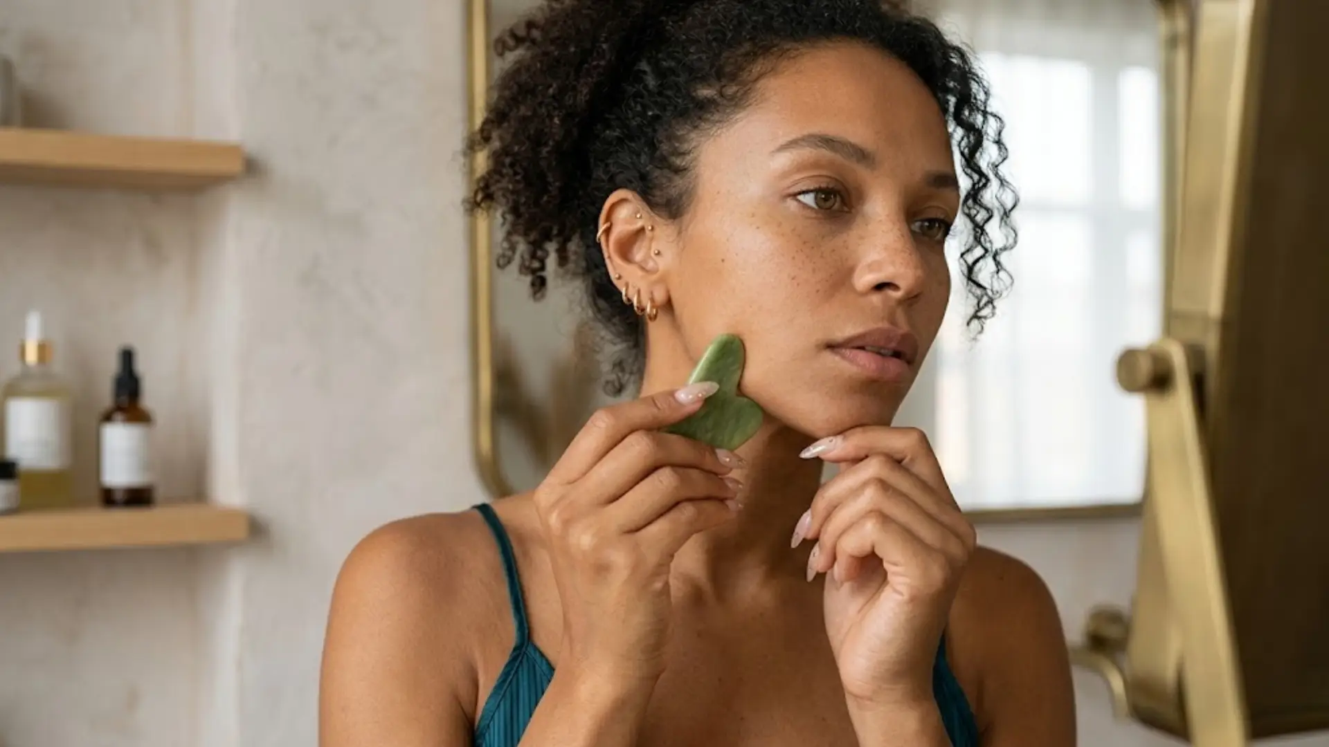 Woman using green gua sha tool on face for skincare routine and facial massage