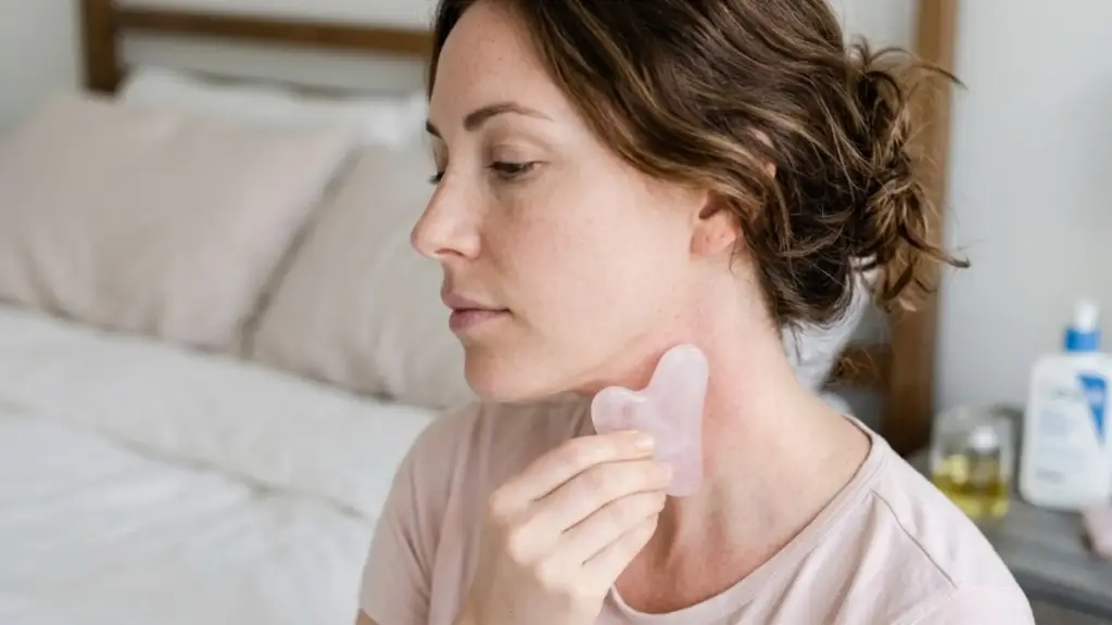 Woman using rose quartz gua sha on neck to reduce puffiness and support lymphatic drainage routine