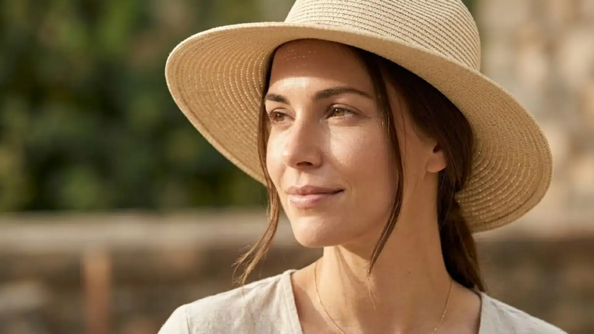 Woman wearing a wide brim sun hat outdoors in warm natural sunlight for skin protection
