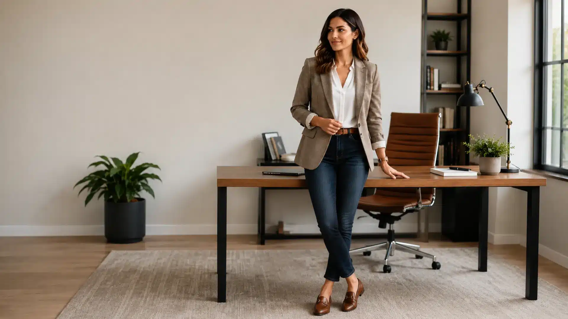 Woman wearing business casual jeans and blazer standing in a modern office workspace