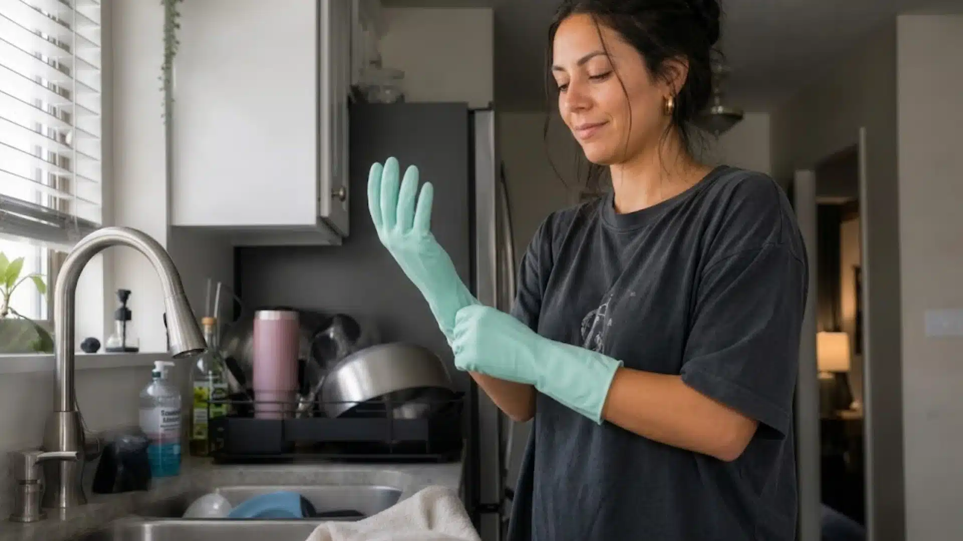 Woman wearing gloves while cleaning kitchen to protect acrylic nails from water damage during chores