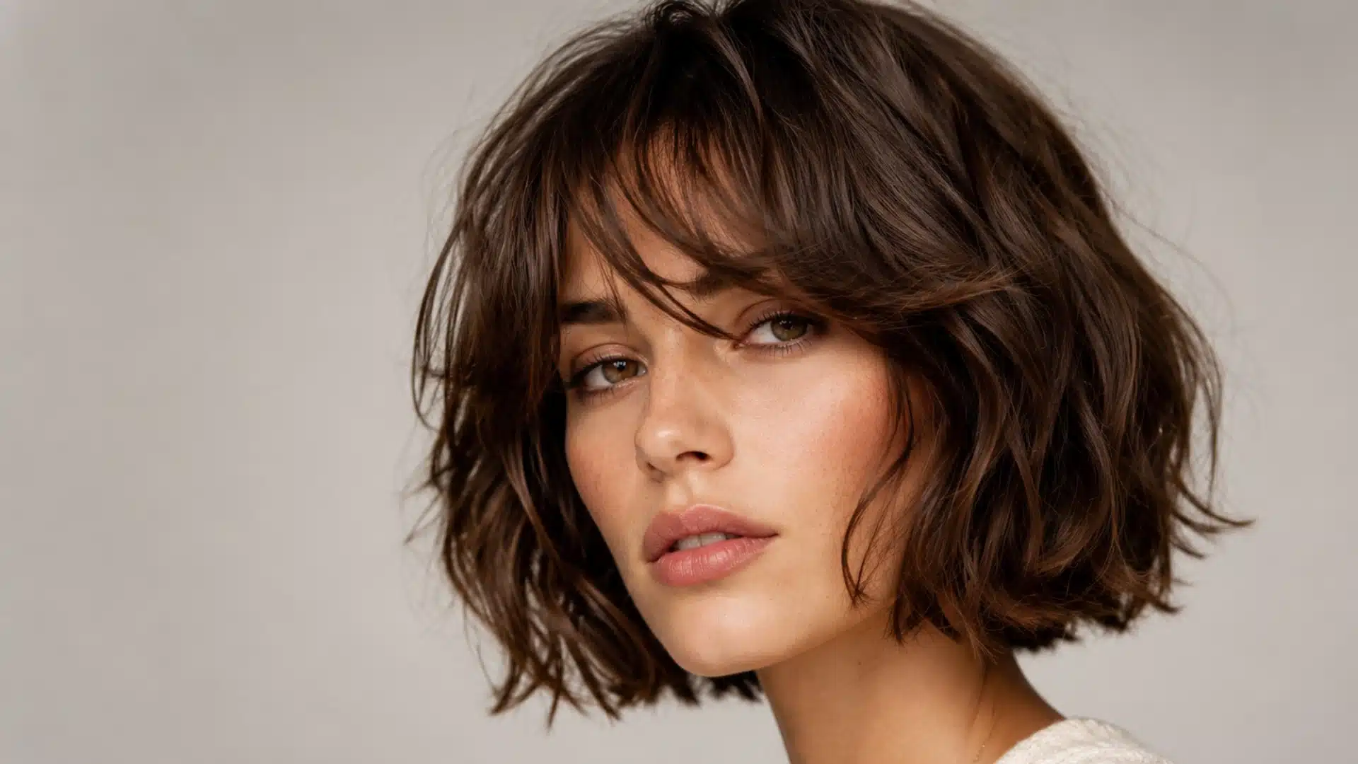 Woman with a Bardot bob fringe and tousled short brunette waves in a soft neutral portrait setting