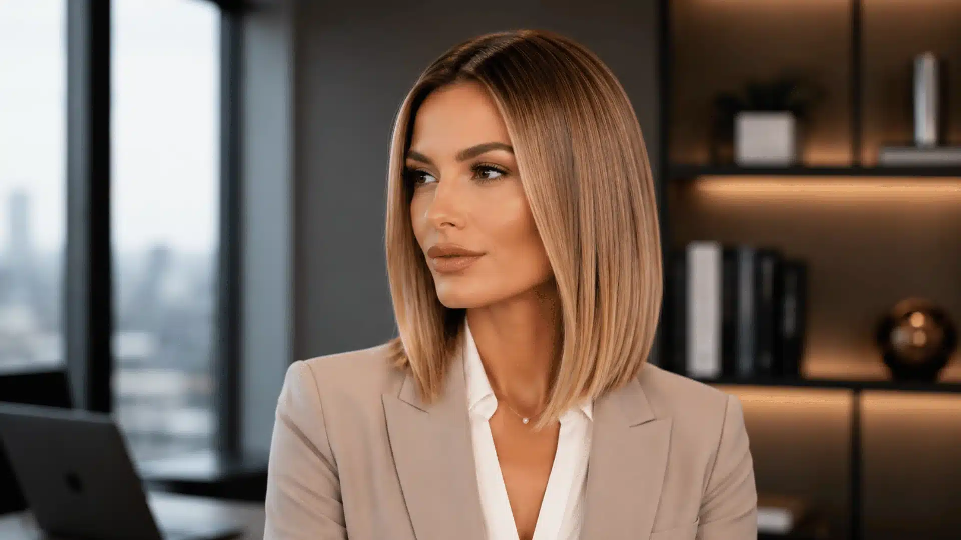 Woman with a short, blonde bob and side-swept bangs in an office setting