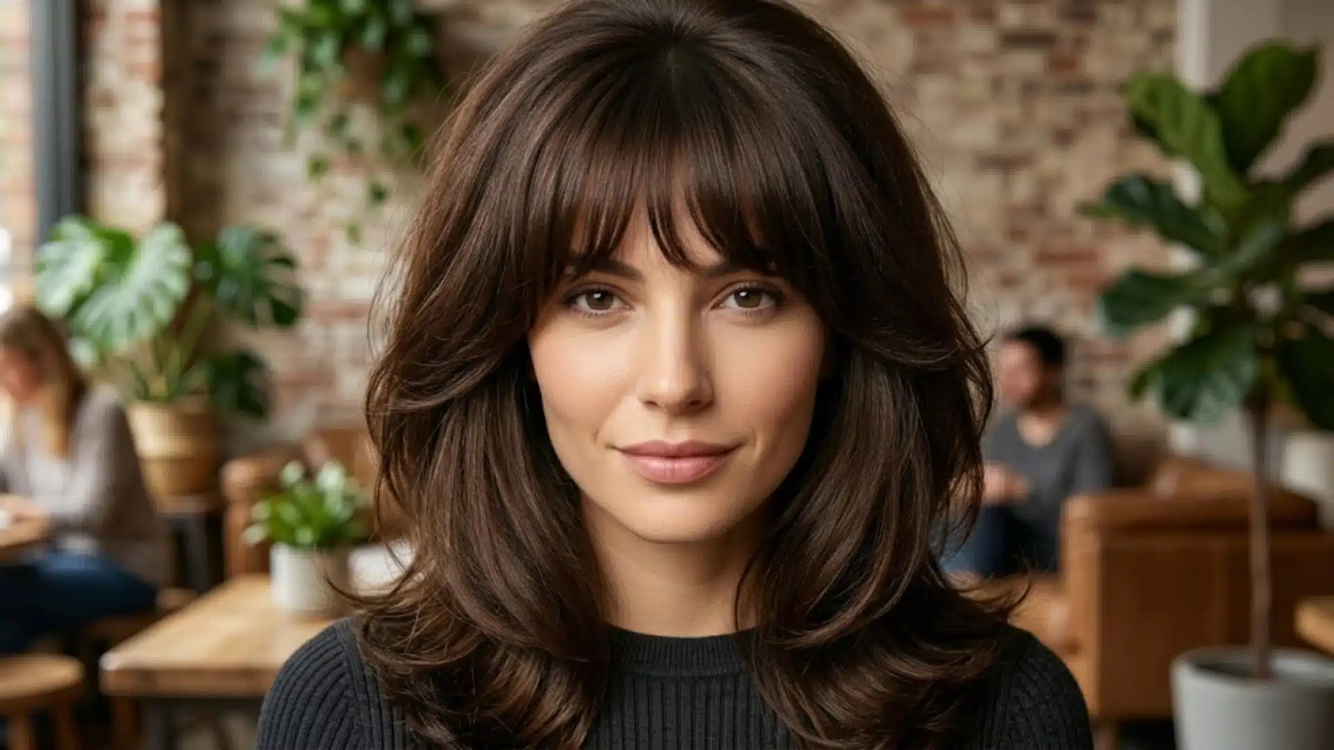 Woman with a voluminous Bardot cut and feathered brunette layers in a warm indoor setting