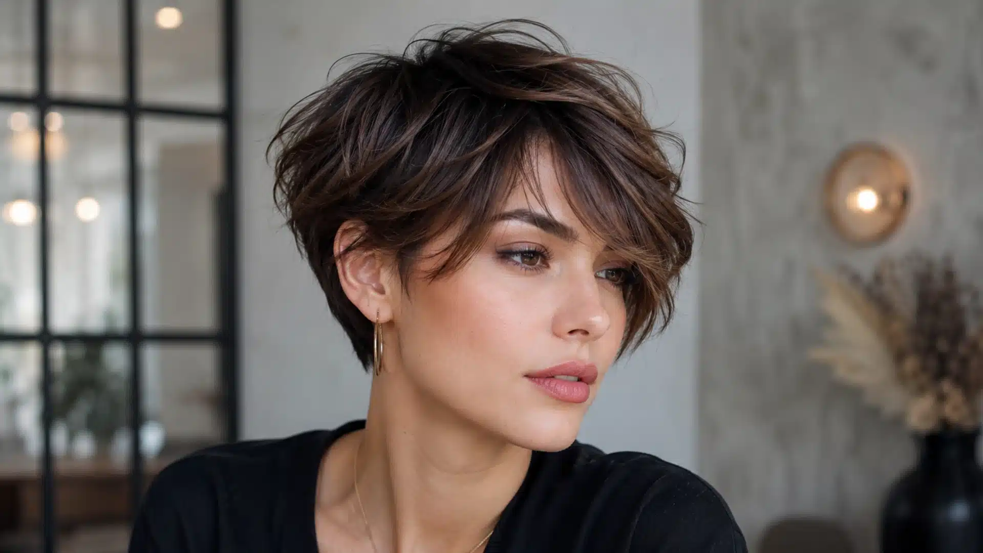 Woman with a voluminous, messy brunette pixie cut and side-swept bangs in a modern interior setting