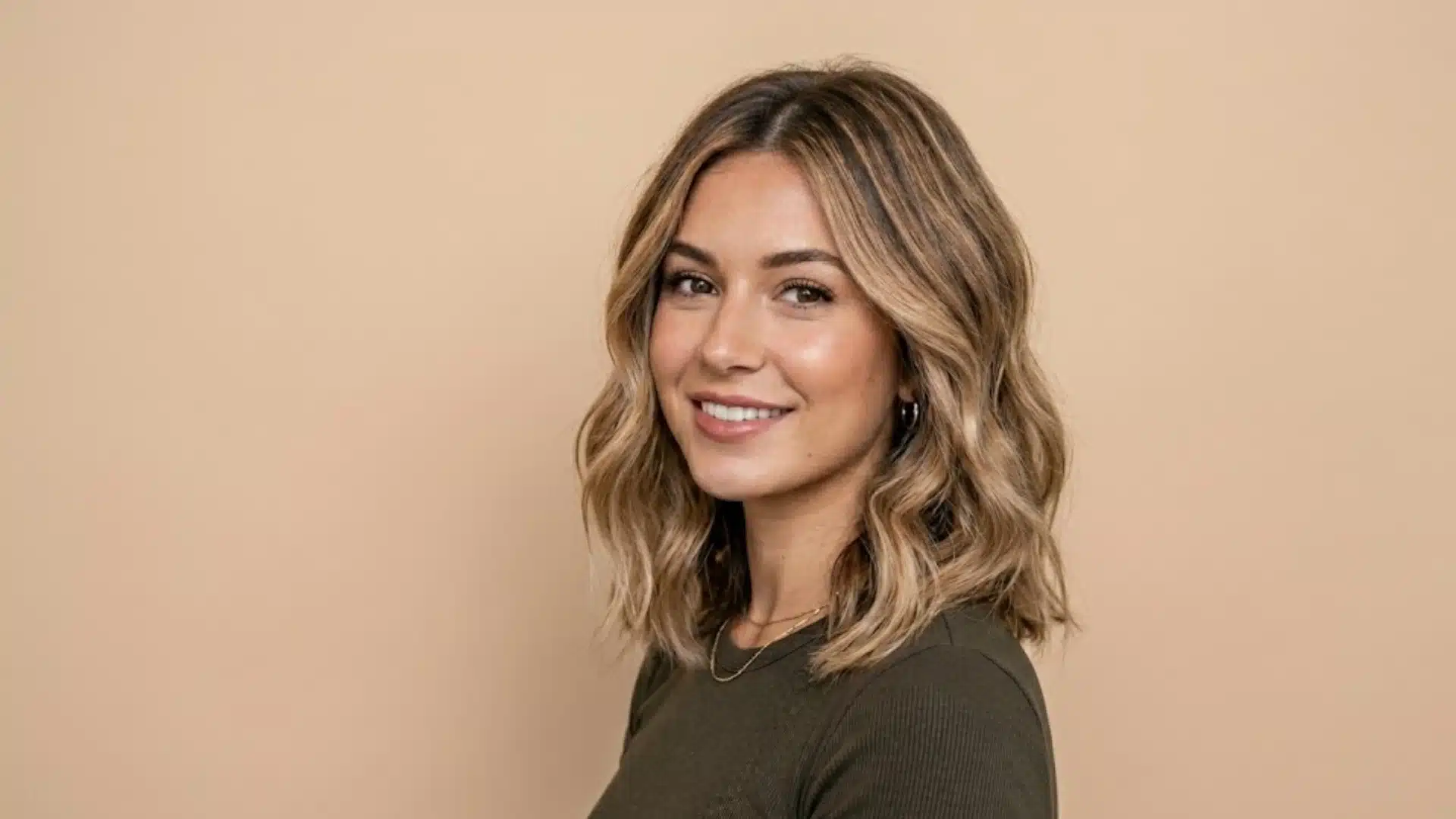 Woman with a wavy teddy blonde lob and dimensional balayage, smiling against a minimal beige background