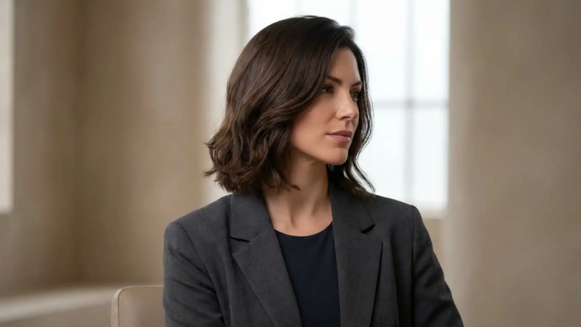 Woman with Air-Dried Natural Texture Cut, layered dark brown hair styled in a smooth blowout