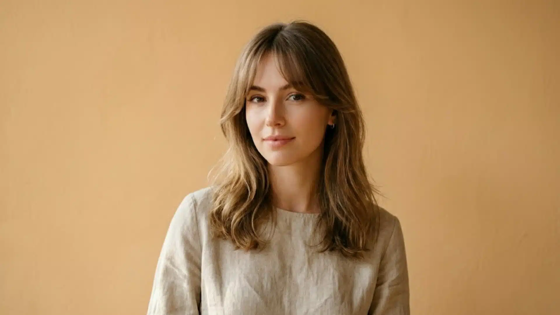 Woman with airy parted fringe and soft layered waves in a bright minimalist portrait setting