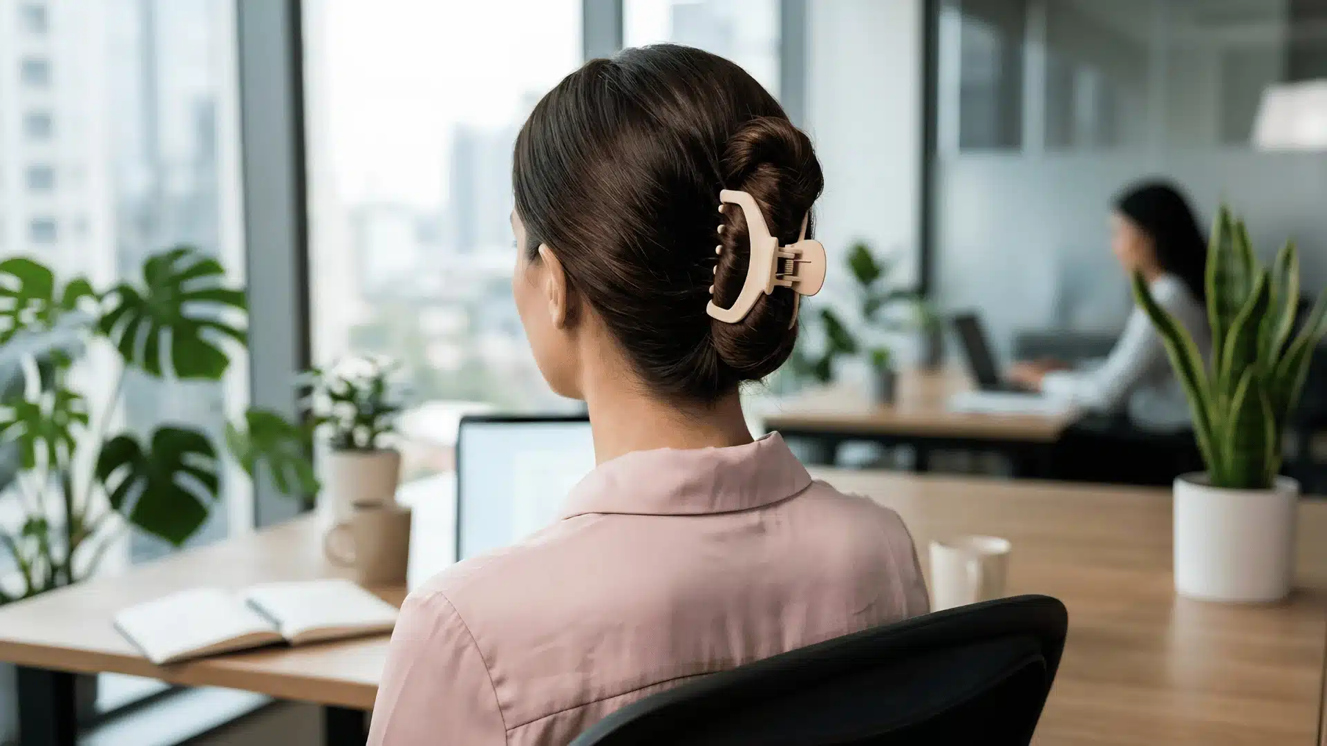 Woman with claw clip hairstyle working at desk in modern office with indoor plants
