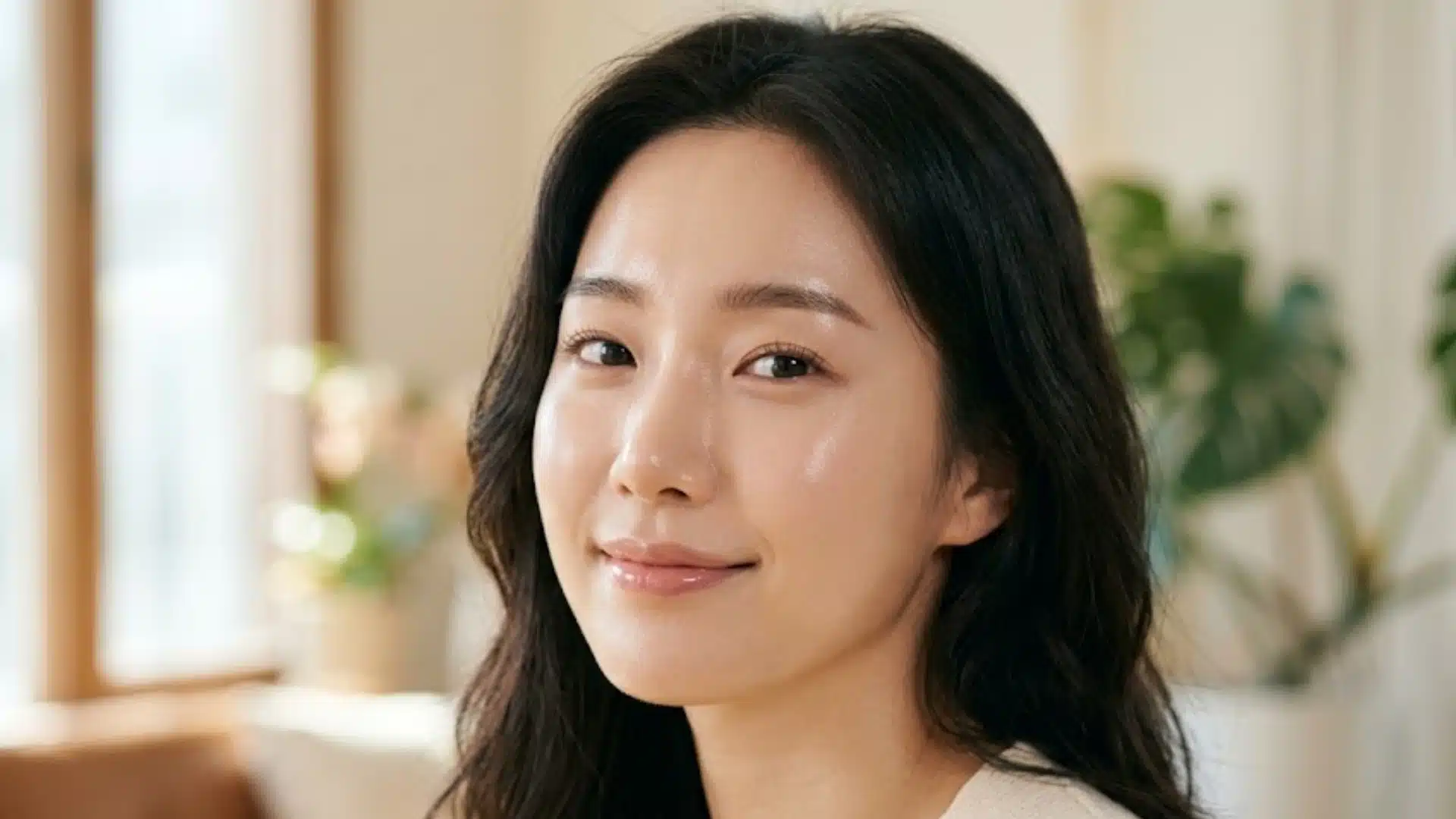 Woman with clear glowing skin, natural makeup, soft features, and healthy hair in bright indoor setting reflecting Korean beauty standards