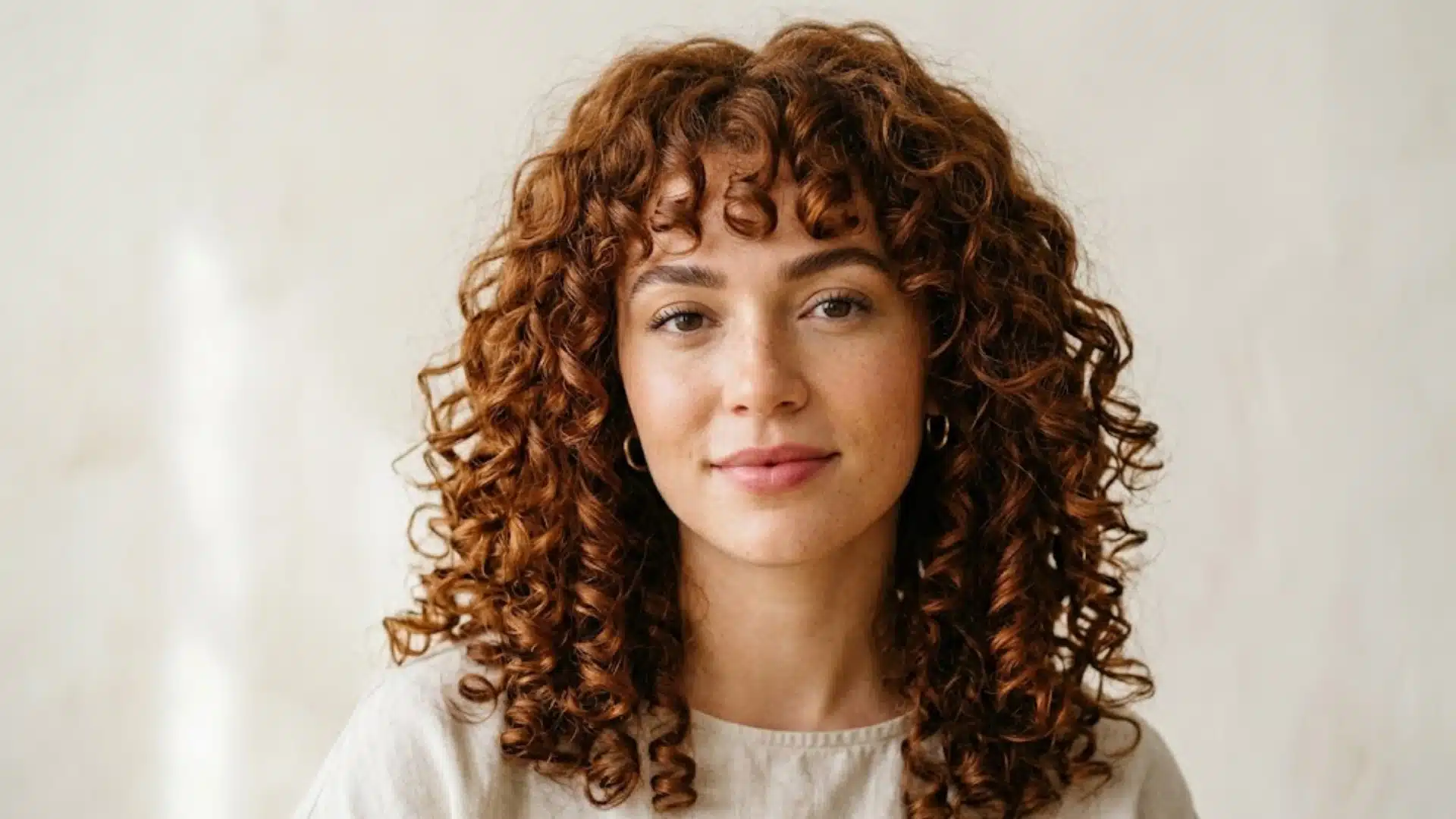 Woman with curly French fringe hairstyle and defined auburn ringlets in a soft natural light setting