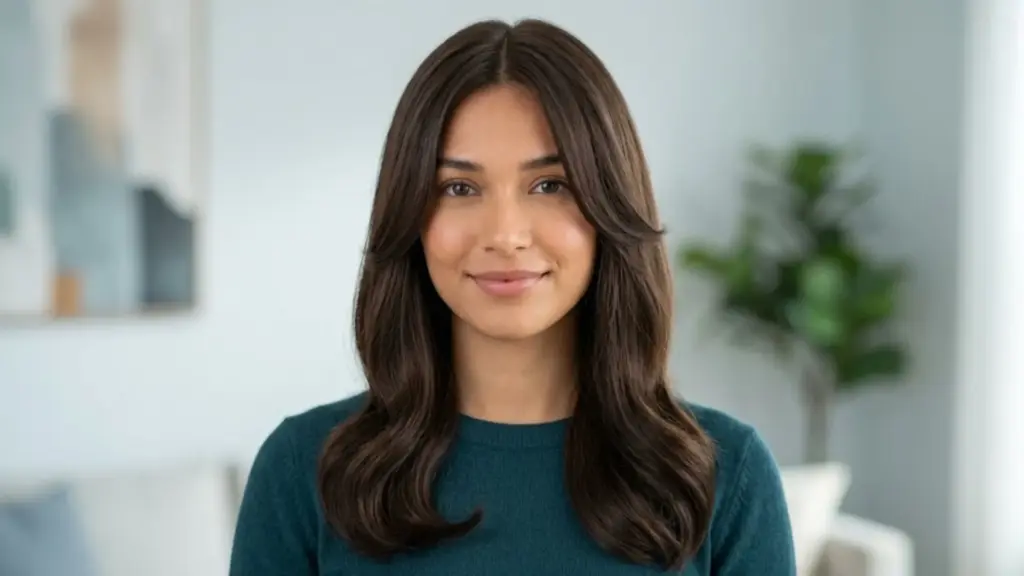 Woman with dark brown layered 1C hair styled in soft waves and curtain layers indoors