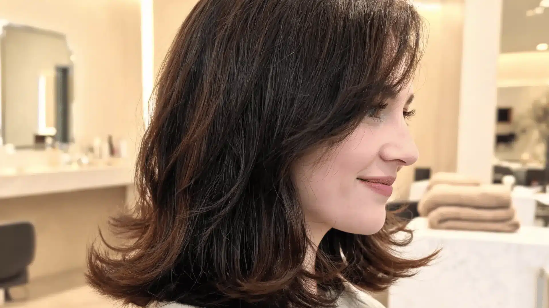 Woman with dark layered shoulder-length hair shown in side profile inside a warm salon