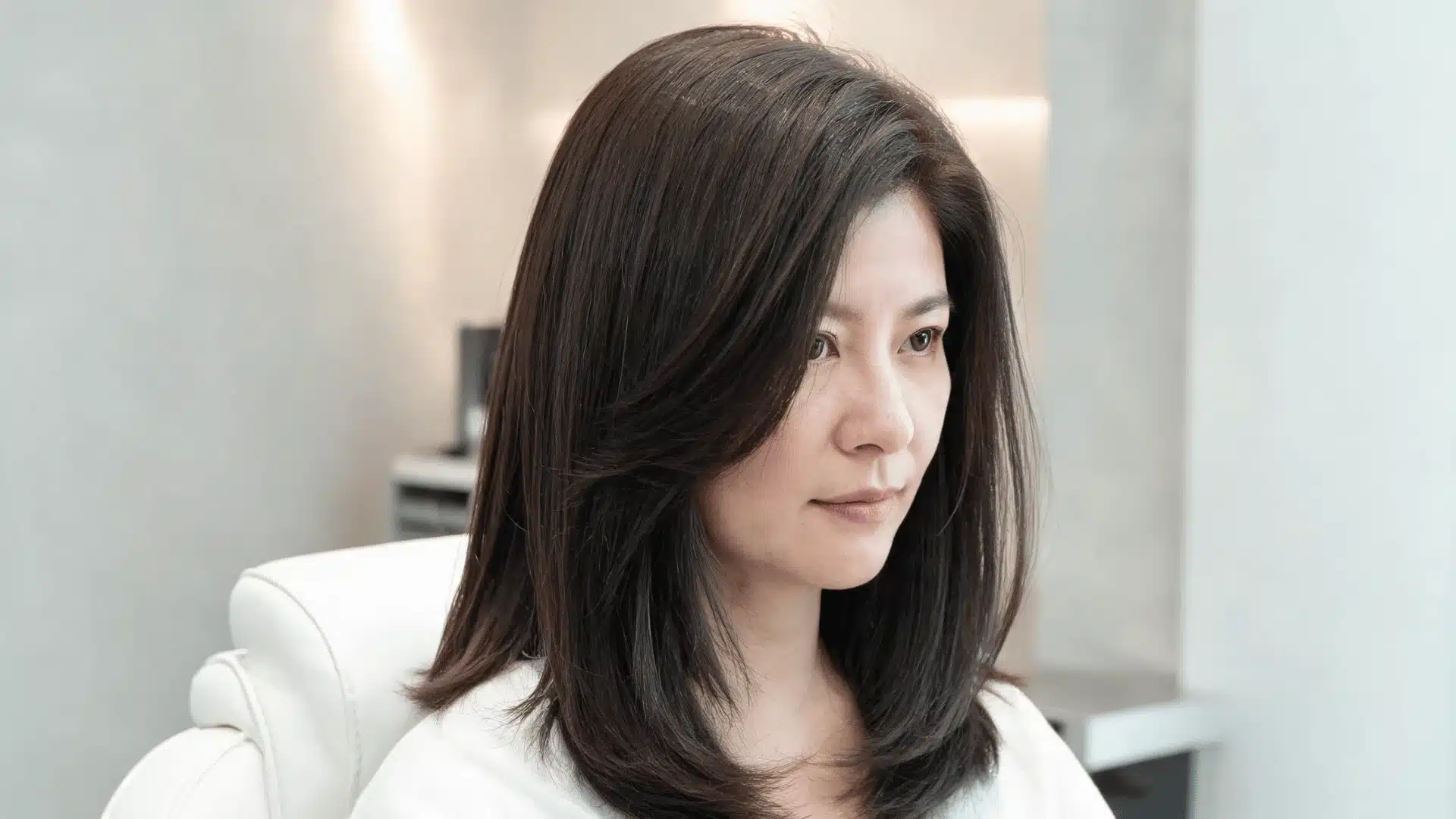 Woman with dark shoulder-length hair sitting in a bright salon with soft layered styling