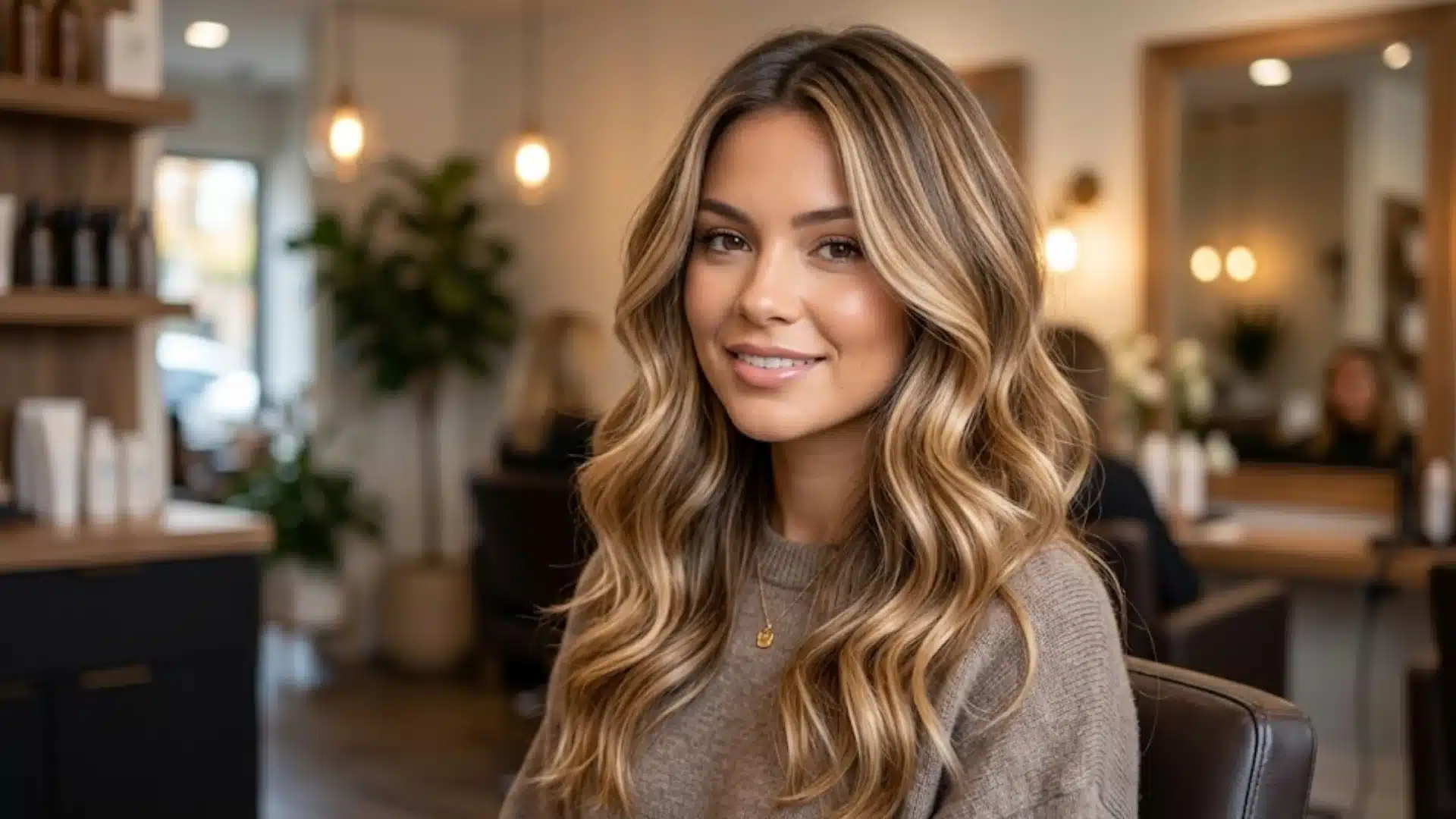 Woman with dimensional teddy bronde balayage and glossy waves in a warm salon, honey and caramel tones,