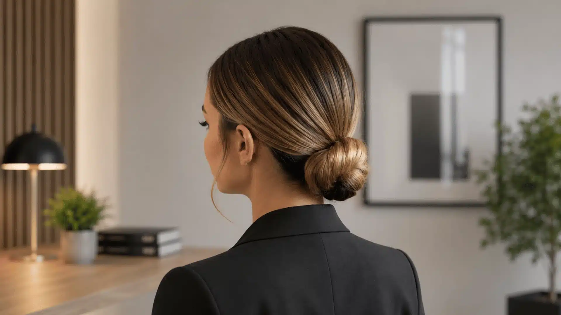 Woman with elegant updo hairstyle in navy blazer, viewed from back in bright office