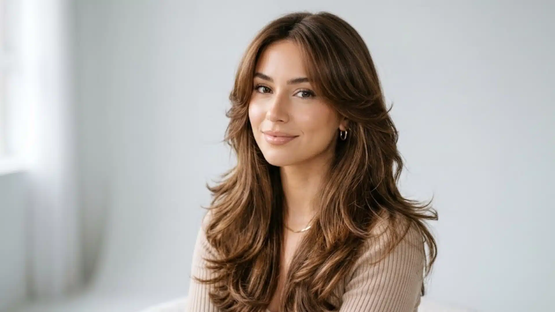 Woman with long brown butterfly cut hairstyle, soft face-framing layers, and bouncy blowout volume in natural light