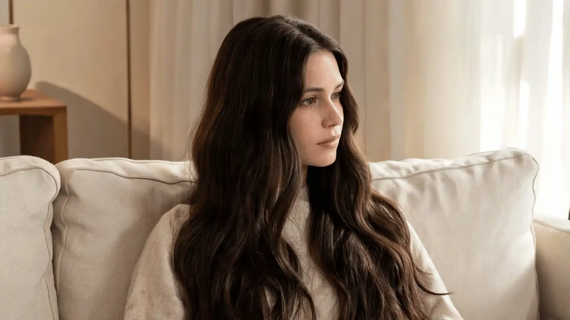Woman with long dark wavy hair sitting on a cream sofa in a softly lit living room