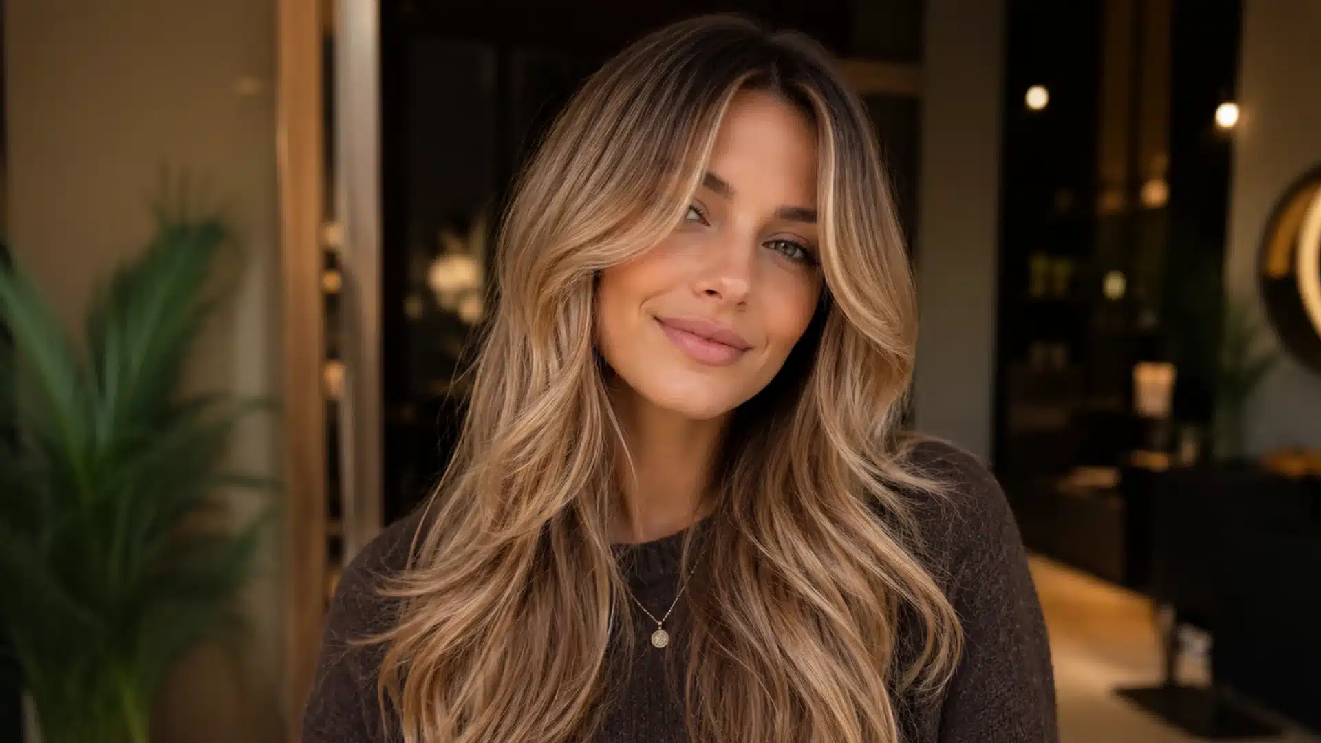 Woman with long, layered bronde hair and curtain bangs smiling in a modern, warmly lit interior