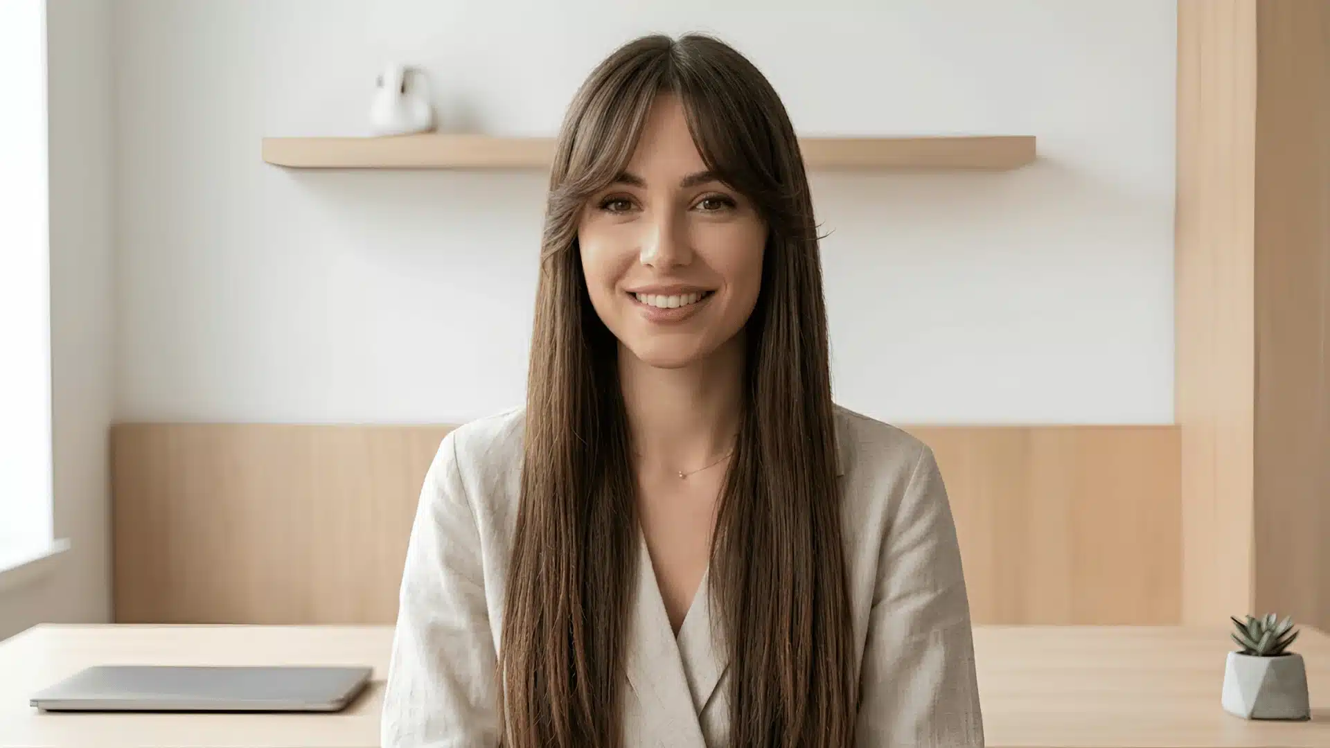 Woman with long layered hair and curtain bangs sitting in a modern office