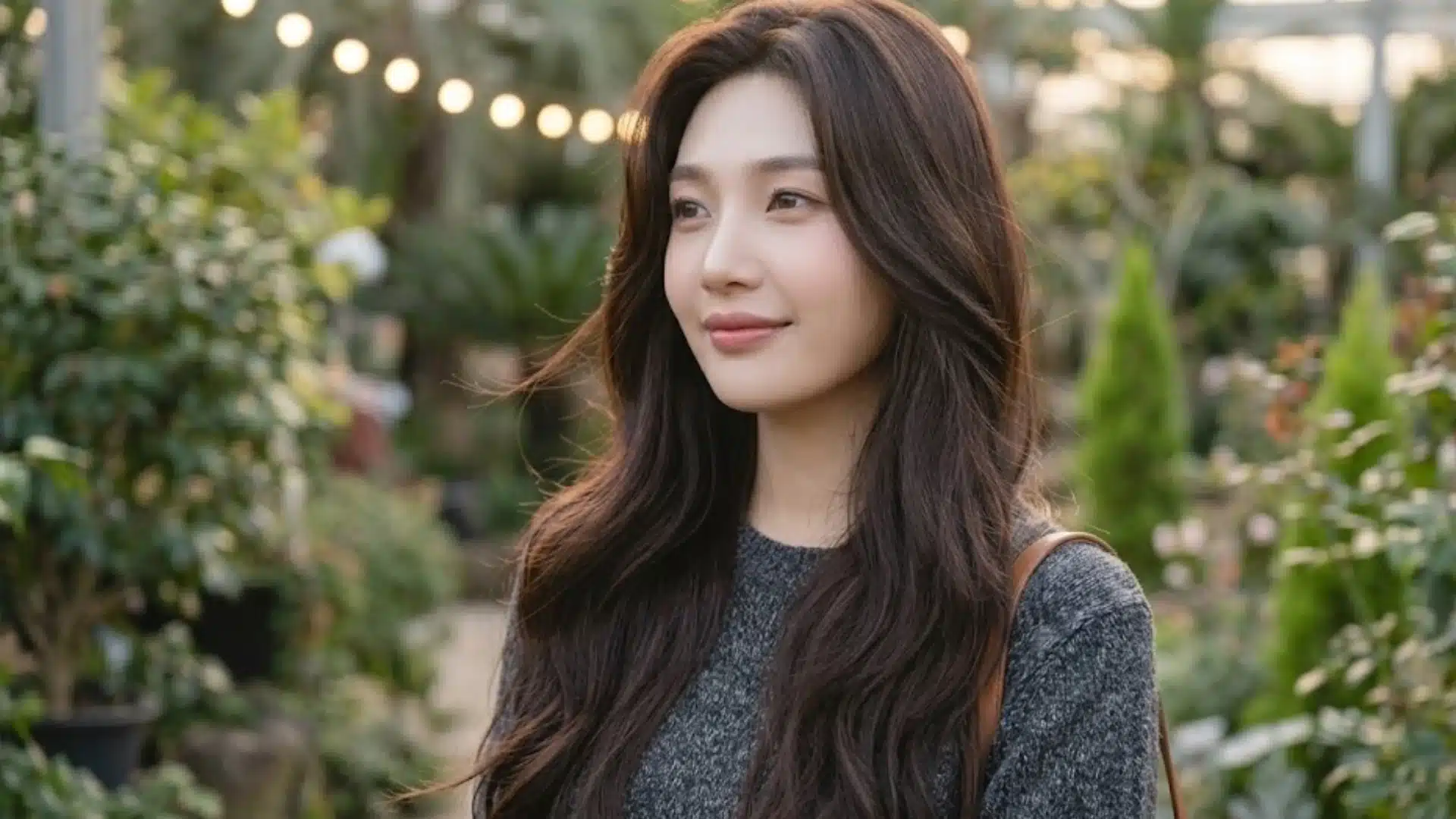 Woman with long natural hair, soft features, and minimal makeup in outdoor setting reflecting Korean beauty and grooming standards
