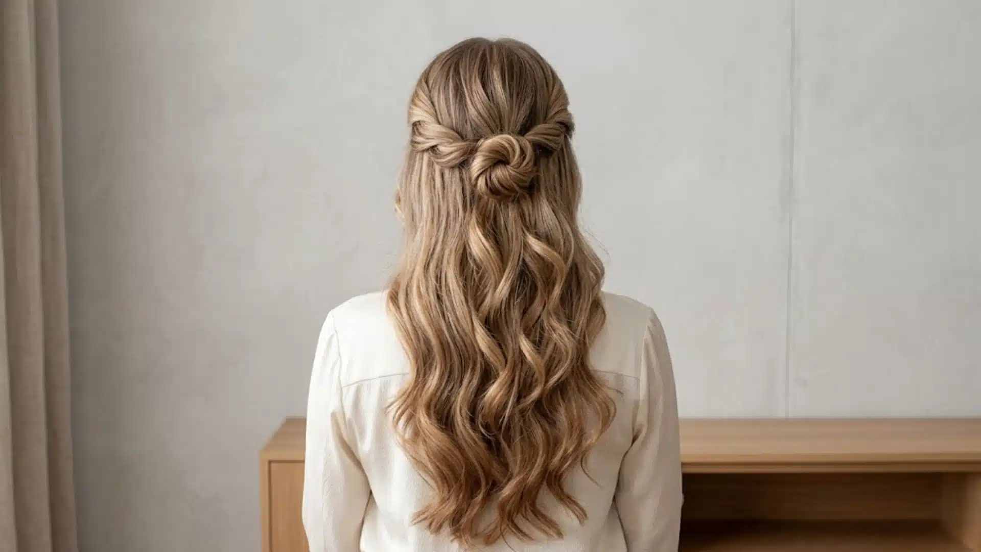 Woman with long wavy hair styled in elegant twisted half up hairstyle viewed from the back indoors