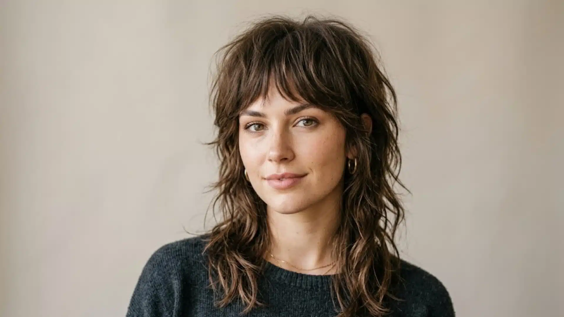 Woman with medium brown wolf cut hairstyle, wispy bangs, shaggy layers, and textured waves against a neutral background