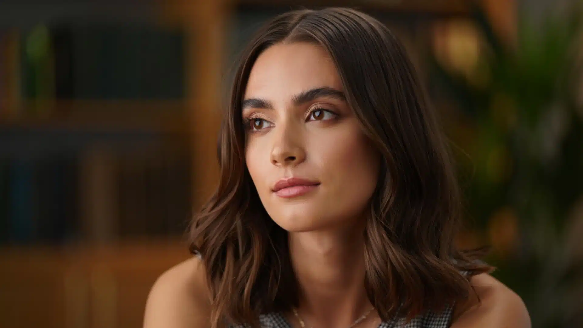 Woman with medium-length, layered dark brown hair styled in soft, bouncy waves with a center part