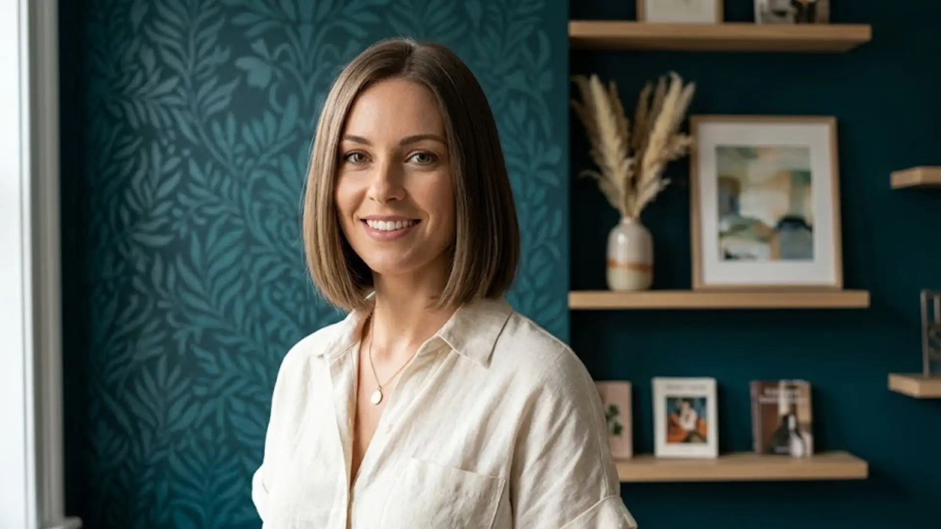Woman with rounded lob shape hair standing in a cozy room with shelves and teal patterned wall