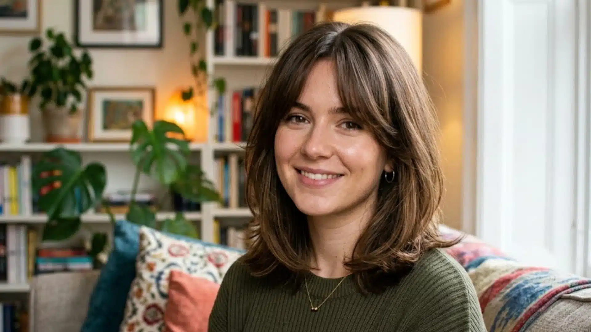 Woman with Shoulder Length Cut with Curtain Bangs layered dark brown hair styled in a smooth blowout