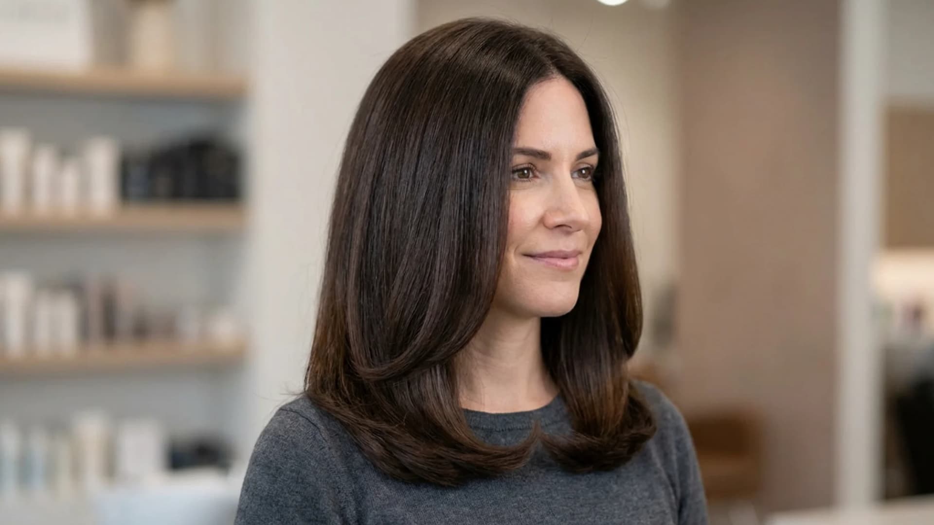 Woman with Shoulder Length Cut with Subtle Undercut, layered dark brown hair styled in a smooth blowout