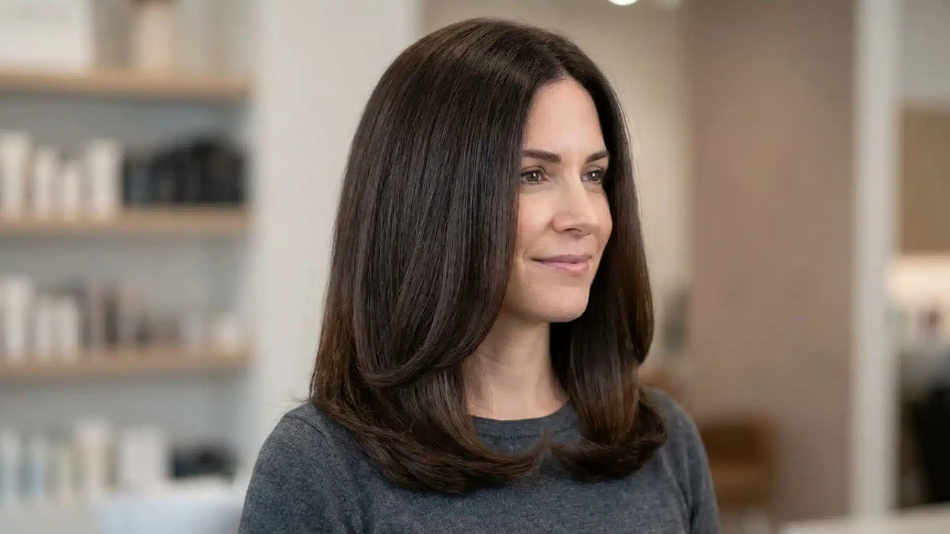 Woman with Shoulder Length Cut with Subtle Undercut, layered dark brown hair styled in a smooth blowout