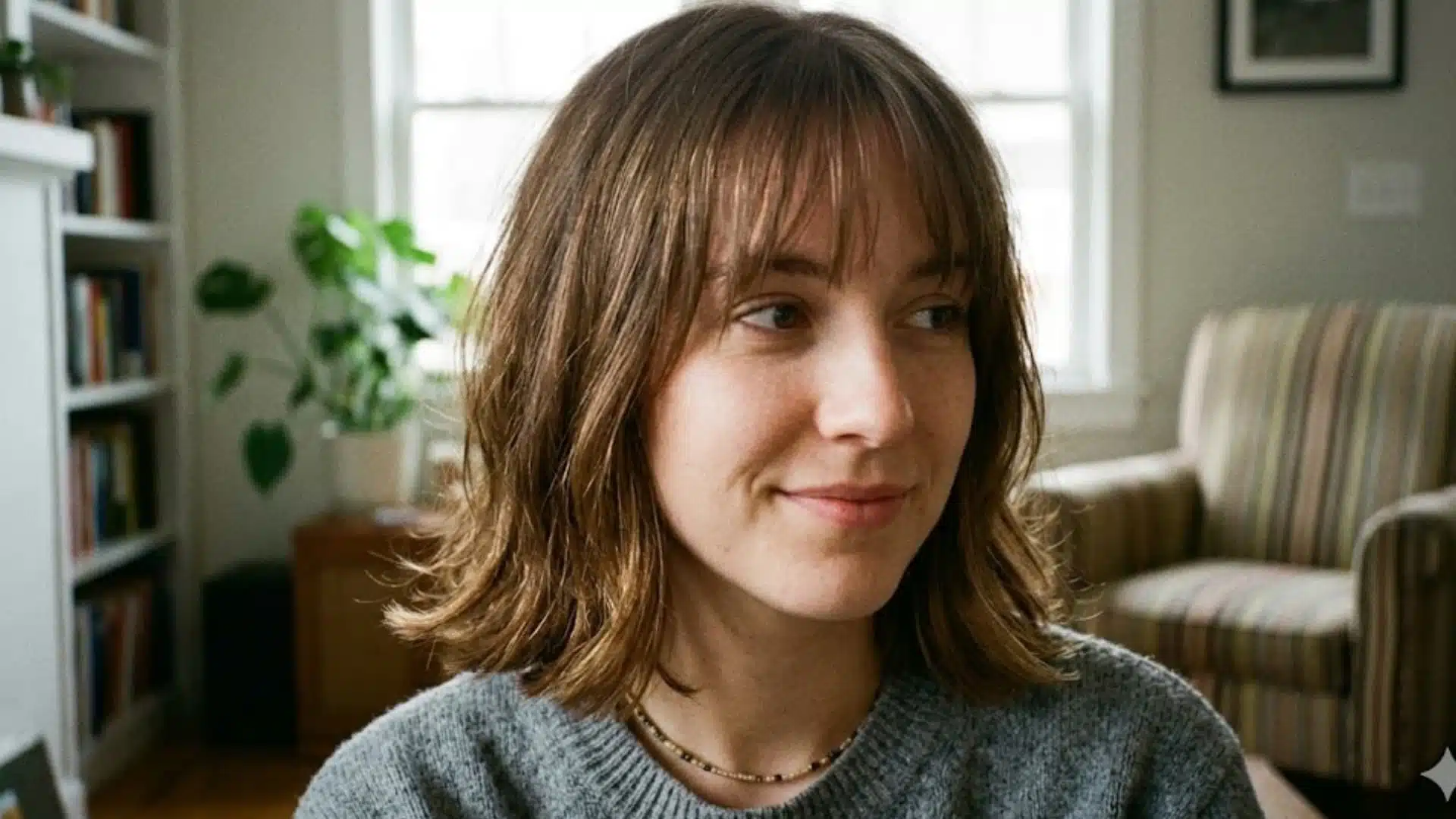 Woman with Shoulder Length Cut with Wispy Bangs layered dark brown hair styled in a smooth blowout
